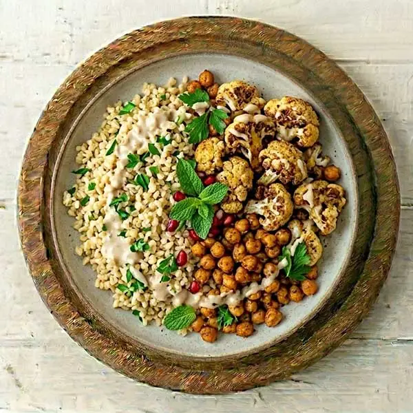 Roasted Chickpea & Cauliflower Bowl with Tahini Bulgur